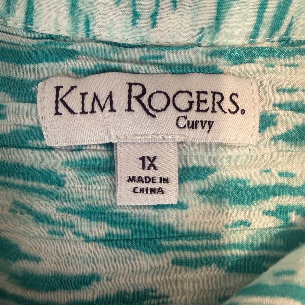 Kim Rogers Curvy Womens 1X Teal White Tunic Blouse Roll Tab 3/4 Sleeve High-Low - Picture 5 of 9